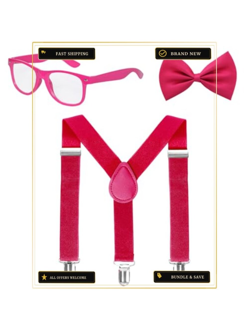Neon Suspenders and Bow Tie Set with Glasses for Men Costume